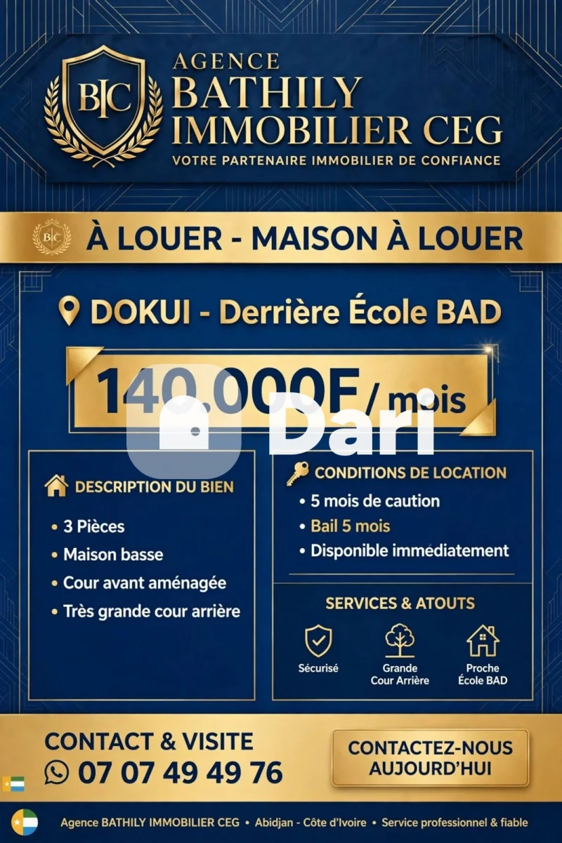 Maison 3 pièces à Dokui, derrière l'École BAD