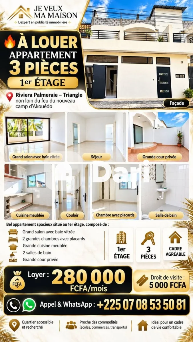 Appartement 3 pièces meublé à Riviera Palmeraie
