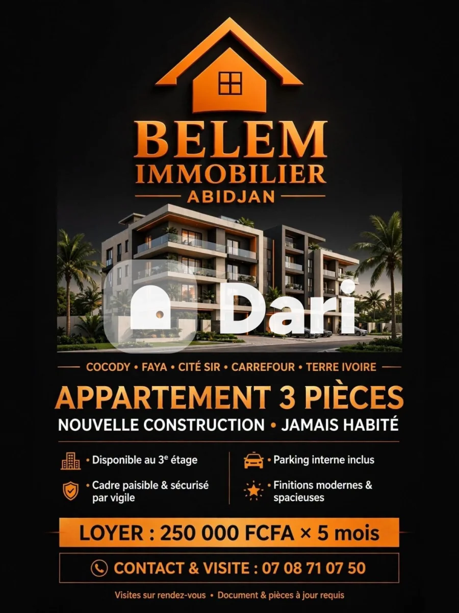 Appartement 3 pièces neuf à Cocody Faya Cité Sir